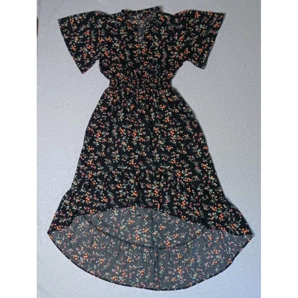 Faded Rose Flutter Sleeve Hi Low Midi Dress M Black Micro Floral Cottagecore Y2K
